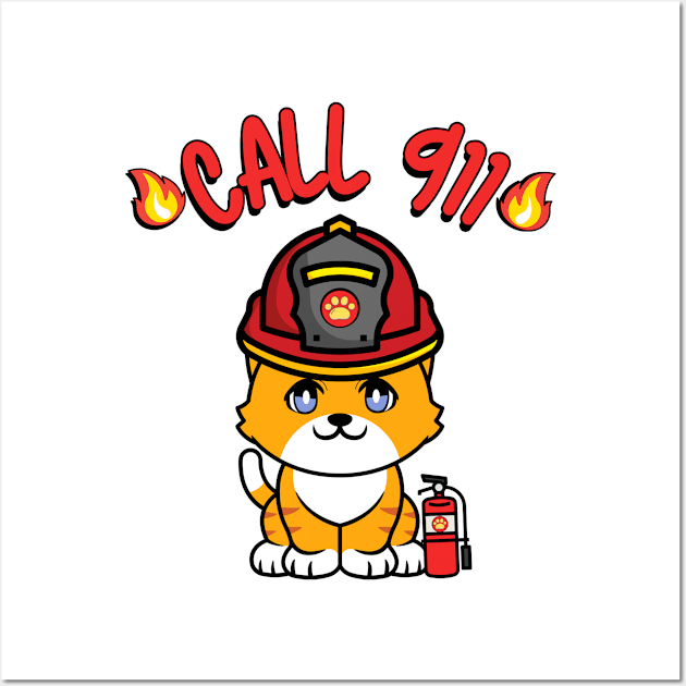 Cute Orange cat is a firefighter Wall Art by Pet Station